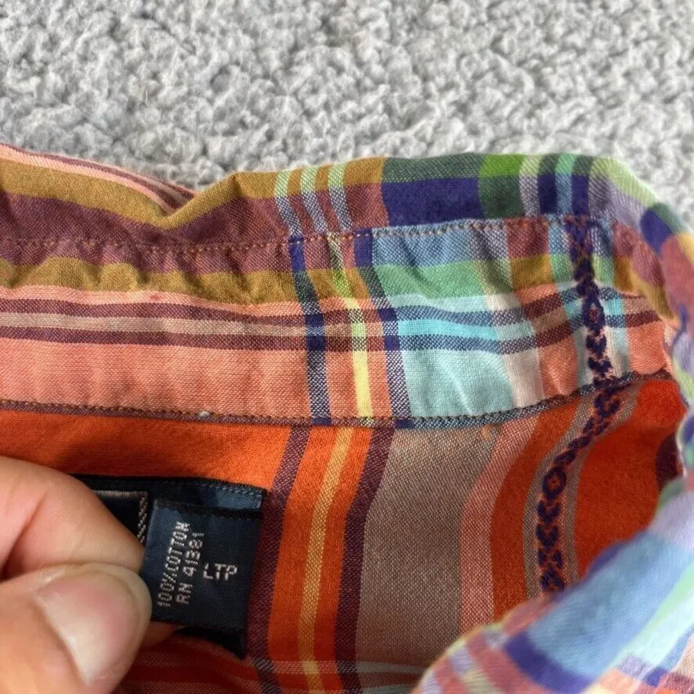 Ralph Lauren Shirt Mens Large Orange Blue Madras Plaid Long Sleeve Casual Pocket